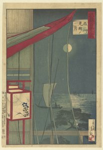 De maan bij Shinagawa Shinagawa mikoshi no tsuki (tytuł na obiekcie) Hondard gezichten op de provincie Musashi (tytuł serii) Musashi hyakkei no uchi (tytuł serii na obiekcie) autorstwa Kobayashi Kiyochika