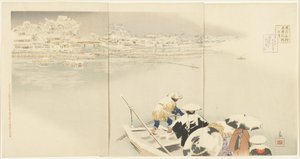 Luty: Wzgórze Matsuchiyanma o zmierzchu w śniegu, marzec 1896 autorstwa Kobayashi Kiyochika