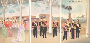 Ilustracja przedstawiająca przybycie cesarza na stację Shinbashi w ślad za triumfem zwycięstwa..., 1895.