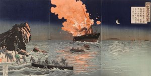Ratunek z płonącego okrętu wojennego. Scena z wojny między Chinami a Japonią autorstwa Kobayashi Kiyochika
