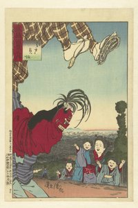 Artysta uliczny z Edo Edo no kenba (tytuł na obiekcie) Sto widoków prowincji Musashi (tytuł serii) Musashi hyakkei no uchi (tytuł serii na obiekcie) autorstwa Kobayashi Kiyochika