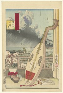 Las Suijin nad rzeką Sumida Sumidagawa Suijin mori (tytuł na obiekcie) Sto widoków prowincji Musashi (tytuł serii) Musashi hyakkei no uchi (tytuł serii na obiekcie) autorstwa Kobayashi Kiyochika