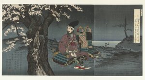 Taira no Tadanori pod wiśnią autorstwa Kobayashi Kiyochika