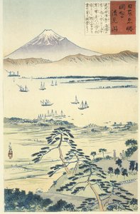 Widok na Fuji z wybrzeża Kiyomigata autorstwa Kobayashi Kiyochika