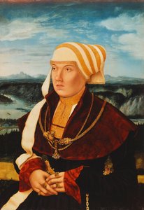 Portret Dorothei von Stralenburg, lat 26, długości 3/4, w czerwono-czarnej sukni ze złotymi zdobieniami, przed rozległym pejzażem, 1533