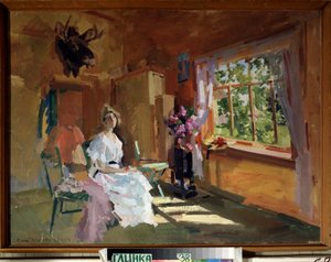 W pokoju. Młoda kobieta w lekkiej sukience, siedząca przed oknem, przez które widać ogród, w pełni lata. Obraz Konstantina Aleksiejewicza Korowina (1861-1939), olej na płótnie autorstwa Konstantin Alekseevich Korovin