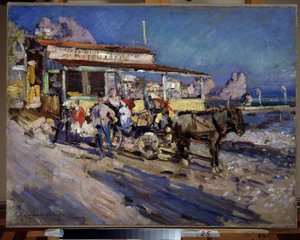 Gurzuf (Krym) (Gurzuf). Wioska portowa gniazduje w zagłębieniu zatoki, nad którą góruje góra niedźwiedzia. Obraz Konstantina Aleksiejewicza Korovina (Constantin Korovin) (1861-1939), olej na płótnie autorstwa Konstantin Alekseevich Korovin