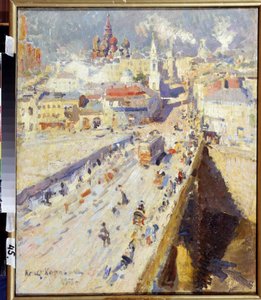 Stara Moskwa (Stara Moskwa). Widok na most prowadzący do miasta, z fasadami budynków i dachami kościołów, w oślepiającym słońcu. Obraz Konstantina Aleksiejewicza Korovina (Constantin Korovin) (1861-1939), olej na płótnie