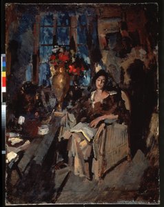 Portret kobiety (portret kobiecy). Piękna melancholijna kobieta, z półprzymkniętymi oczami, siedząca w fotelu, na kolanach z otwartą książką, w otoczeniu mebli salonowych, stołu z bukietem kwiatów, filiżanki i różnych przedmiotów codziennego użytku. Malowa autorstwa Konstantin Alekseevich Korovin