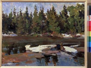 Wiosna (wiosna). Krajobraz, brzegi rzeki w lesie. Obraz Konstantina Aleksiejewicza Korovina (Constantin Korovin) (1861-1939), olej na płótnie autorstwa Konstantin Alekseevich Korovin