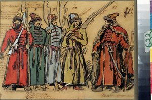 Projekt kostiumów do opery Khovanshchina lub książąt Khovansky Modeste Musorgskiego (1839-1881) (projekt kostiumów do opery Khovanshchina M. Musorgskiego). Praca Konstantina Aleksiejewicza Korovina (Constantin Korovin) (1861-1939), akwarela, przejdź autorstwa Konstantin Alekseevich Korovin