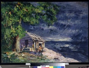 Projekt scenografii baletu Le Poisson Dore Ludwiga (Leon) Minkus (Scenografia do baletu Złota Rybka Ludwiga Minkusa) - Drewniana chata nad morzem - Praca Konstantina Aleksiejewicza Korowina (Konstantyna Korowina) (1861) -1939) , świątynia autorstwa Konstantin Alekseevich Korovin