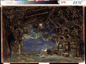 Scenografia do opery Zmierzch bogów Ryszarda Wagnera. (Scenografia do opery Zmierzch bogów R. Wagnera). Praca Konstantina Aleksiejewicza Korowina (Constantin Korovin) (1861-1939), tempera na tekturze autorstwa Konstantin Alekseevich Korovin