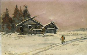 Pejzaż zimowy z dwiema drewnianymi chatkami (akwarela i olej na desce, montaż jako rysunek) autorstwa Konstantin Alekseevich Korovin