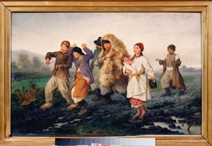 Powrót z jarmarku (Pijana, biedna chłopska rodzina idzie błotnistą drogą, śpiewając i tańcząc) - Powrót z jarmarku - Obraz Konstantina Aleksandrowicza Trutowskiego (Troutowskiego) (1826-1893), olej na płótnie