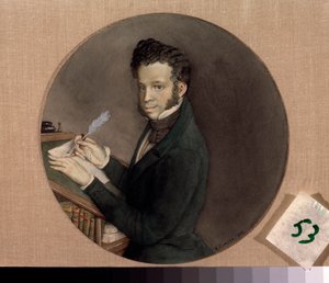 Portret pisarza Aleksandra Puszkina (Puszkina) (1799-1837). Praca Konstantina (Constantina) Andreyevicha Somova (1869-1939), akwarela na papierze autorstwa Konstantin Andreevic Somov