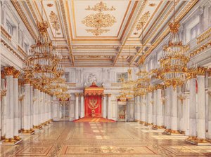 Sala Jerzego, Wielka Sala Tronowa Pałacu Zimowego w Sankt Petersburgu - Praca Konstantina Andrejewicza Ukhtomskiego (Konstantyna Oukhtomskiego) (1818-1881), akwarela na pa