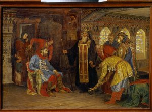 Zaproszenie księcia Dmitrija Pożarskiego (1577-1642) do dowodzenia wojskami wyzwolenia Moskwy. (Zaproszenie księcia Pożarskiego do panowania nad armiami dla wyzwolenia Moskwy). Po otrzymaniu błogosławieństwa Irenarcha z Rostowa książę