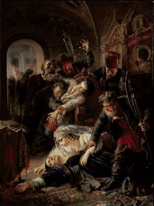 Najemni zabójcy zabijający syna cara Borysa Fiodorewicza Godunowa autorstwa Konstantin Egorovich Makovsky