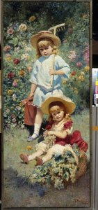 Portrety dzieci artysty. (Portret dzieci artysty). Reprezentowany latem w kwietnym ogrodzie, najstarszy nosi grabie i konewkę, młodszy siedzi na trawie, obok kosza pełnego kiści winogron. Malarstwo Konst autorstwa Konstantin Egorovich Makovsky