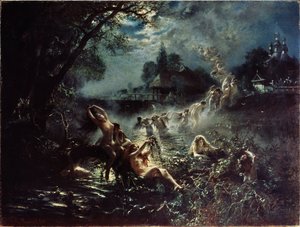 Syreny (Syreny). Nocą nagie kobiety tkają wieńce w rzece, a następnie tworzą łańcuch, trzymając się nawzajem i unosząc się w niebo, zanim wtapiają się w chmury. Malarstwo Konstantin Jegorovich Makovsky (Constantin Makov