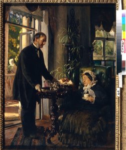 Kasztanowa rezydencja. (Starsza pani bierze herbatę, podawaną przez służącego, który daje jej chleb i dżem). Obraz Konstantina Jegorowicza Makowskiego (Constantin Makovsky) (1839-1915), olej na płótnie autorstwa Konstantin Egorovich Makovsky