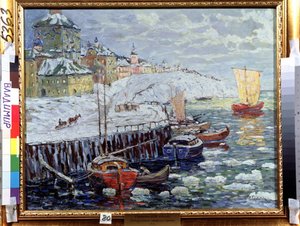 Nasyp w starym rosyjskim miasteczku. Opis nabrzeży, przy których cumują łodzie na przysypanej bryłami śniegu rzece, w tle miasteczko i wypływający żaglowiec. Malarstwo Konstantina (Co autorstwa Konstantin Ivanovich Gorbatov