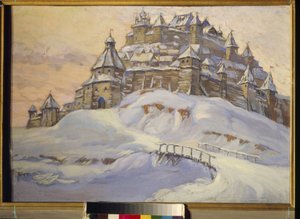 Antiga fortaleza russa. (Cidade fortificada de madeira, sob a neve na Ucrânia na Idade Média). Obra de Konstantin (Constantin) Ivanovich Gorbatov (1876-1945), têmpera sobre madeira, início do século XX. Coleção particular.polonês