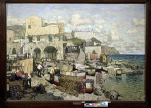 Widok na wyspę Capri (Włochy). (Widok na wyspę Capri). Obraz Konstantina (Constantina) Iwanowicza Gorbatowa (1876-1945), olej na płótnie. Sztuka rosyjska XX wieku, realizm. Regionalne Muzeum Sztuki im. W. Wereszczagina, Mikołajów (lub Nikołajew, Ukraina) autorstwa Konstantin Ivanovich Gorbatov