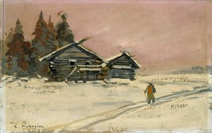 Pejzaż zimowy z dwoma drewnianymi chatami, początek XX wieku autorstwa Konstantin Korovin