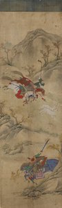 Scena polowania (3 jeźdźców z królikiem i mitycznymi zwierzętami) (wc na papierze) autorstwa Korean School