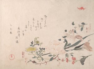 Róża, irys, pierwiosnek i stokrotka, 1815. autorstwa Kubo Shunman
