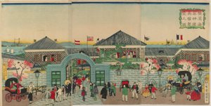 Obraz prosperity zakładów handlowych wzdłuż Nakadouri na Jokohamie, epoka Meiji, 1870 (odbitka drzeworytnicza) autorstwa Kuniteru II Utagawa