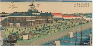 Nadmorski ogród hotelu Tsukiji we wschodniej stolicy, epoka Meiji, 1868 (kolorowy drzeworyt) autorstwa Kuniteru II Utagawa