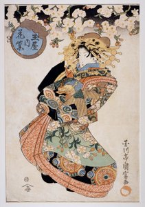 Kurtyzana Hanamurasaki z herbaciarni Tamaya, ok. 1830, grafika Ukiyo-e autorstwa Utagawy Kunitomi (aktywna 1810-1830), drzeworyt Oban-tate-e, 38,2x26,5 cm, cywilizacja japońska autorstwa Kunitomi Utagawa