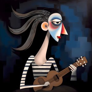Kobieta trubadur 3D z gitarą w nocnych światłach księżyca 2