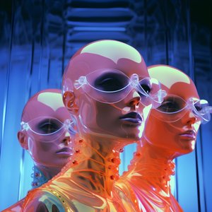 6 kobiet z parametrycznymi fluorescencyjnymi maskami plastikowymi 3D w surrealistycznej i parametrycznej architekturze przyszłości, 1