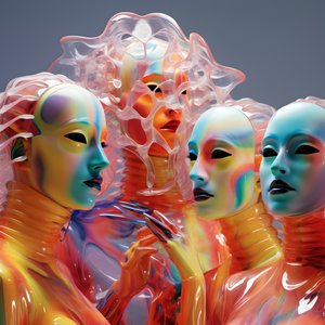 6 kobiet z parametrycznymi, fluorescencyjnymi maskami plastikowymi 3D w surrealistycznej i parametrycznej architekturze przyszłości, 2