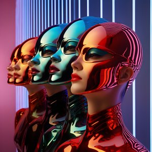6 kobiet z parametrycznymi, fluorescencyjnymi maskami plastikowymi 3D w surrealistycznej i parametrycznej architekturze przyszłości, 3