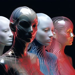 6 kobiet z parametrycznymi, fluorescencyjnymi maskami plastikowymi 3D w surrealistycznej i parametrycznej architekturze przyszłości, 4