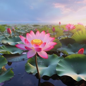 Duże i piękne kwiaty lotosu kwitną na czystej powierzchni wody, zielone liście lotosu i rosa na kwiatach lotosu. Zachód słońca świeci na powierzchni wody 1