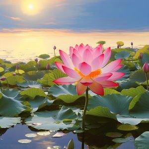 Duże i piękne kwiaty lotosu kwitną na czystej powierzchni wody, zielone liście lotosu i rosa na kwiatach lotosu. Zachód słońca świeci na powierzchni wody 2