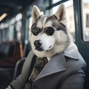 Pies Siberian Husky w garniturze i okularach przeciwsłonecznych na dworcu autobusowym, jak dżentelmen 1