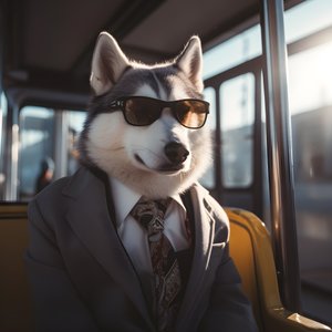 Pies Siberian Husky w garniturze i okularach przeciwsłonecznych na dworcu autobusowym, jak dżentelmen 3