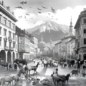 Innsbruck na starej fotografii z eleganckimi zebrami, mewami, małpami i glinianymi figurkami. 2