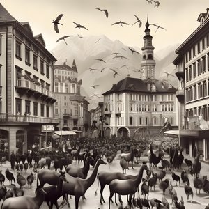Innsbruck na starej fotografii z eleganckimi zebrami, mewami, małpami i glinianymi figurkami. 4