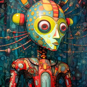 Carnival Cajun Swamp Mutant Sci-Fi Droid, w artystycznym stylu Tima Burtona i Beksińskiego 2