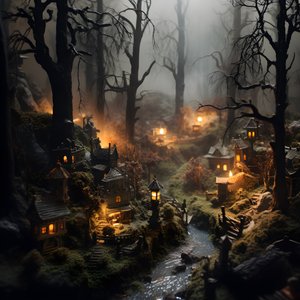 Miniaturowy Halloweenowy las typu tilt-shift z zamglonymi drzewami i upiorną atmosferą 2