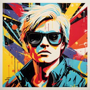 Portret pop-artu, pół ciała, kolorowy, graficzny, poranek, w stylu Andy