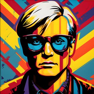 Portret pop-artu, pół ciała, kolorowy, graficzny, poranek, w stylu Andy